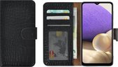 Samsung A12 Hoesje - Bookcase - Samsung A12 Hoesje Book Case Wallet Echt Leer Croco Zwart Cover