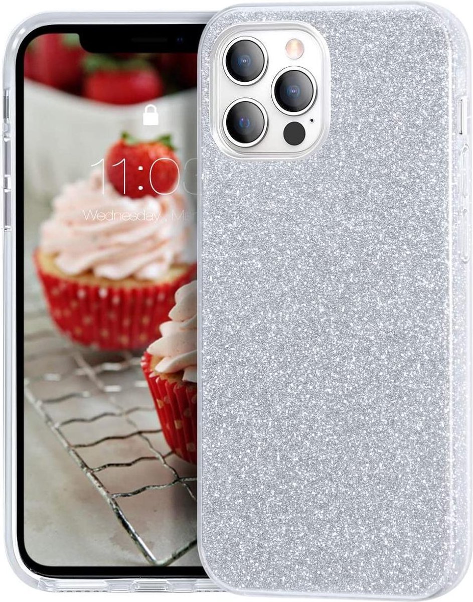 Geschikt voor Apple iPhone 12 Pro Backcover - Zilver - Glitter Bling Bling - TPU case