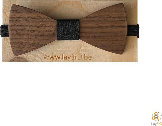 Lay3rD Lasercut - Noeud papillon en bois - Noeud sans gravure - Noyer foncé  - Cuir Zwart | bol.com
