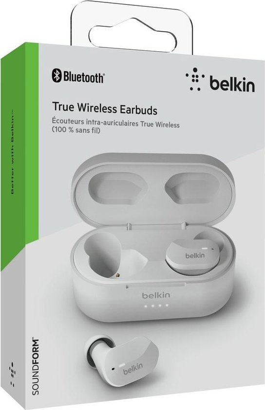 Verpakking van witte Belkin True Wireless oortelefoons met oplaadcase.