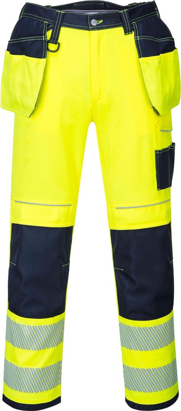 Pantalon de travail jaune avec accents noirs, poches et bandes réfléchissantes.