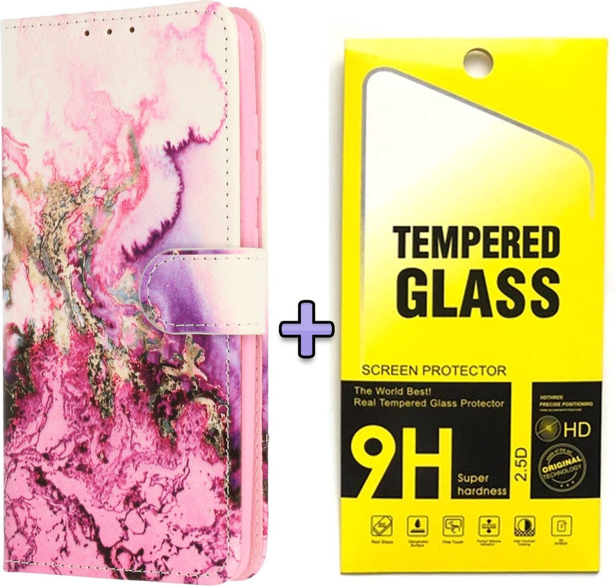 HB Hoesje Geschikt voor Samsung Galaxy S21 FE met Print - Portemonnee Book Case - Kaarthouder & Magneetlipje - Marmer Paars & Glazen Screenprotector