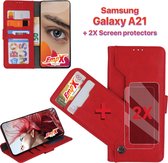 EmpX.nl Samsung Galaxy A21 Rood  Boekhoesje en 2x Screen Protector | Portemonnee Book Case | Met Multi Stand Functie | Kaarthouder Card Case | Beschermhoes Sleeve | Met Pasjeshoude