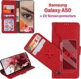 EmpX.nl Samsung Galaxy A50 Rood Boekhoesje en 2x Screen Protector | Portemonnee Book Case | Met Multi Stand Functie | Kaarthouder Card Case | Beschermhoes Sleeve | Met Pasjeshouder