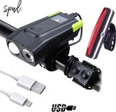 Spul. Fietsverlichting set - Dubbel LED Voorlicht met Auto Brightness mode - Achterlicht - USB Oplaadbaar - Zwart/Groen