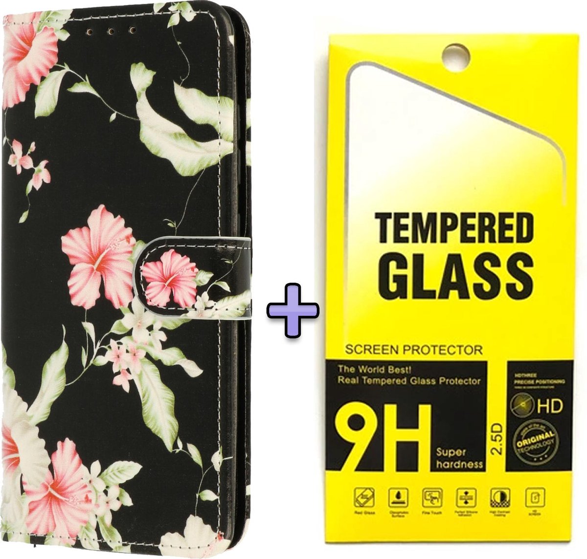 HB Hoesje Geschikt voor Samsung Galaxy S21 Plus met Print - Portemonnee Book Case - Kaarthouder & Magneetlipje - Hibiscus & Glazen Screenprotector