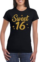 Sweet 16 goud glitter cadeau t-shirt zwart dames - dames shirt 16 jaar - verjaardag kleding / outfit XL