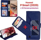 EmpX.nl Huawei P Smart (2020) Donker Blauw Boekhoesje en 2x Screen Protector | Portemonnee Book Case | Met Multi Stand Functie | Kaarthouder Card Case | Beschermhoes Sleeve | Met Pasjeshouder