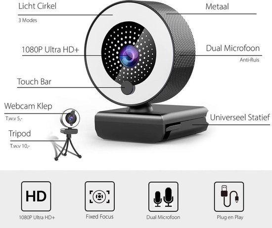 1080P Webcam met Ring Licht Fixed Focus Edition - Licht Ring Webcam met Microfoon - Webcam met Klepje - Streaming Webcam  - Full HD webcam - Meeting Conference - Anti Ruis Webcam - Windows & Apple/Mac - Vergaderingscamera - Twitch - Teams - Zoom - SKYX