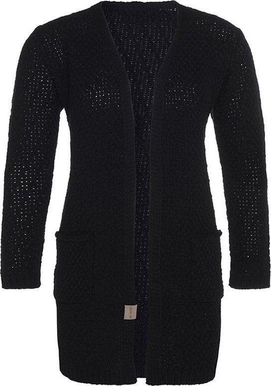 Knit Factory Luna Gebreid Vest Zwart - Gebreide dames cardigan - Middellang vest reikend tot boven de knie - Zwart damesvest gemaakt uit 30% wol en 70% acryl - 36/38 - Met steekzakken