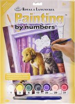 Schilderen op nummer - Paint by numbers - Dieren - Hond en poes kijken uit het raam naar een muisje 22x30cm - Schilderen op nummer volwassenen - Paint by numbers volwassenen