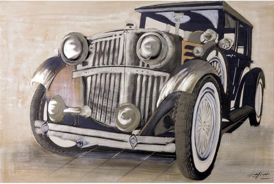 Olieverfschilderij - Klassieke Auto - Zilverkleurige lijst - 123,5 cm breed