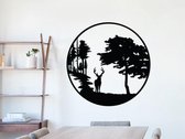 HOUTEN WANDDECORATIE / WOODEN WALL DECORATION - MUURDECORATIE / WALL ART - HERT IN BOS / DEER IN FOREST - 70 x 70cm - ZWART / BLACK - WANDFIGUUR - TRENDY & HIP WOONKAMER - NATUUR -