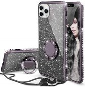 Apple iPhone 12 Back Cover Telefoonhoesje | Glitter | Met Ring Houder | Zwart | TPU Hoesje