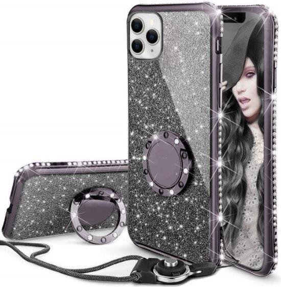 Coque de téléphone noire à paillettes avec support bague et bordure strass pour iPhone 12.