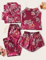 Vrouwen Pyjamaset van 4, Satijn, Bordeaux, Maat L(40)