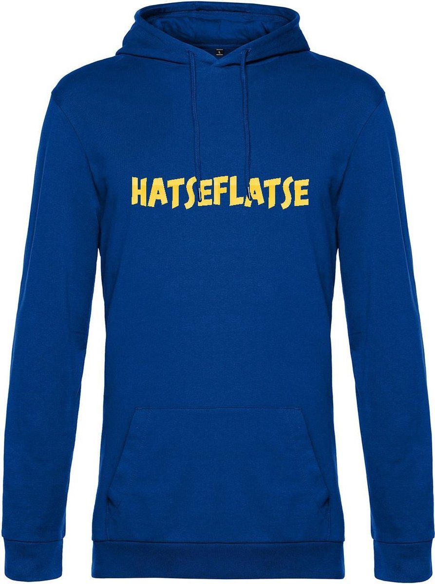 Hoodie met opdruk Hatseflatse Blauwe hoodie met gele opdruk Trui met Hatseflats. bol