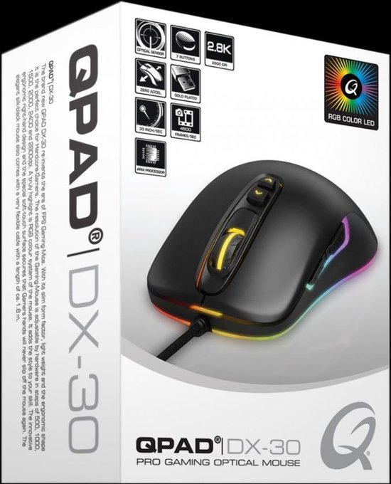 QPAD - DX-30 - 2800 dpi FPS Gaming Mouse met 7 knoppen, RGB multi-effect LED-verlichting, rechtshandig gebruik met ergonomische vorm