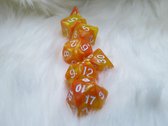 Polyset Dice | Dobbelstenen - Set Van 7 Stuks - Oranje Geel Marmer Parelmoer Wit | Voor D&D en Andere Rollenspellen | Plastic Dobbelstenen Set voor Dungeons and Dragons | Polyhedra