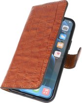 Krokodil Handmade Leer Booktype Hoesje - Wallet Cases Portemonnee - Lederen Telefoonhoesje -  iPhone 12 -  iPhone 12 Pro - Bruin