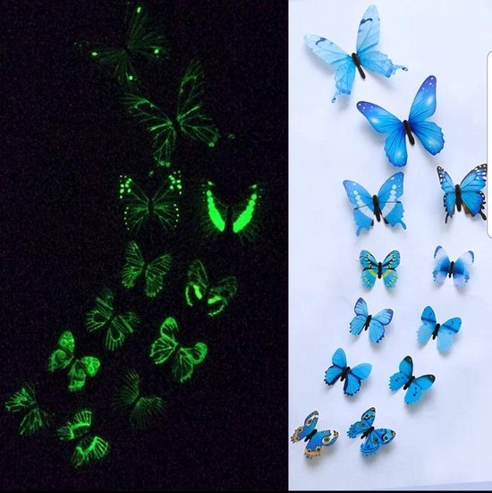 3D vlinders glow in the dark blauw - muursticker vlinders lichtgevend
