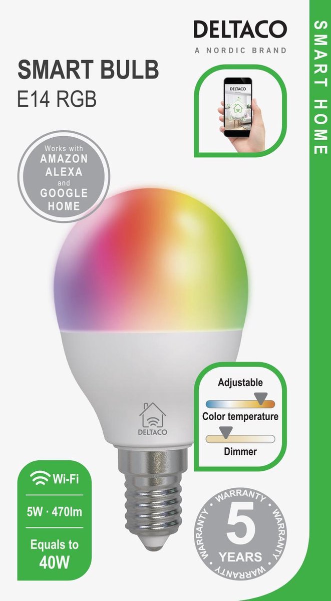 Deltaco - Slimme LED Lamp - E14 - G45 - WiFi - 5W - RGB - Dimbaar