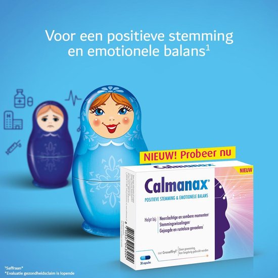 Calmanax Positieve stemming & Emotioneel balans - Bij Emotioneel evenwicht, stress, vermoeidheid en sombere gevoelens - 30 capsules - Voedingssupplement - Calmanax