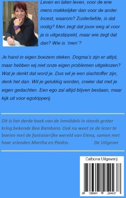 Achterkant boek met portret van Bea Bambara, tekst en barcode.