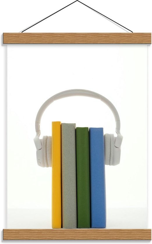 Schoolplaat – Witte Koptelefoon op Gekleurde Boeken - 30x40cm Foto op Textielposter (Wanddecoratie op Schoolplaat)