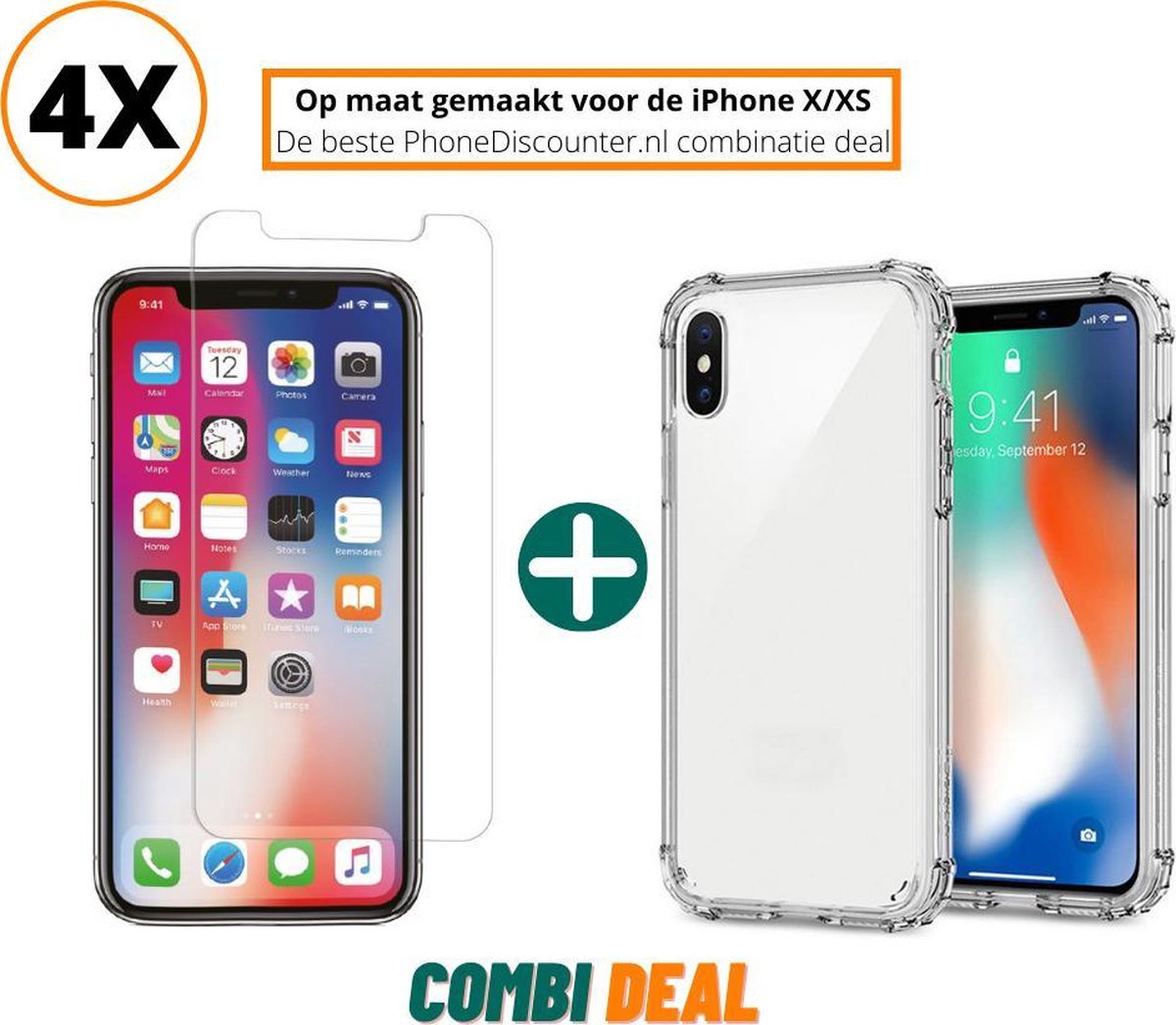 iphone x anti shock hoes | iPhone X A1902 siliconen case | iPhone X anti shock case transparant | beschermhoes iphone x apple | iPhone X schokbestendige hoes + 4x iPhone X tempered glass screenprotector