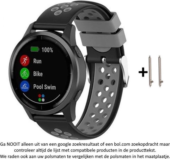 Zwart en grijs siliconen horlogebandje met perforaties, bevestigd aan een smartwatch waarop 'Run', 'Bike' en 'Pool Swim' worden weergegeven. Inclusief twee pinnen.
