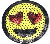 Gele Paillette Smiley Emoji Patch Met Hartjes Ogen 6.5 cm / 6.5 cm / Geel Rood Zwart