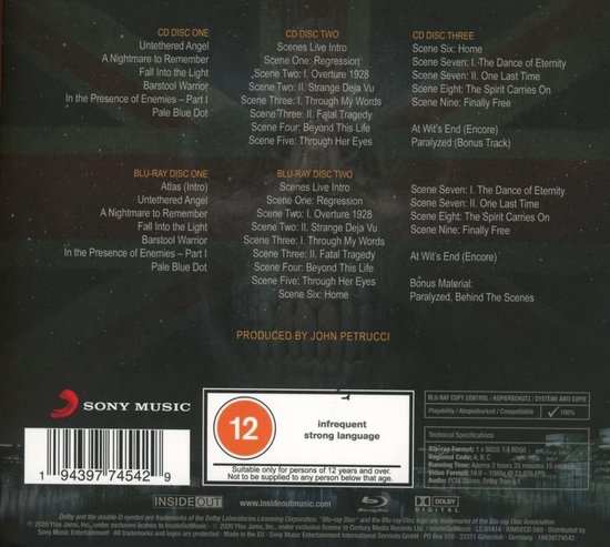 Achterkant van de Dream Theater Distant Memories Live in London boxset met tracklijsten en barcodes.