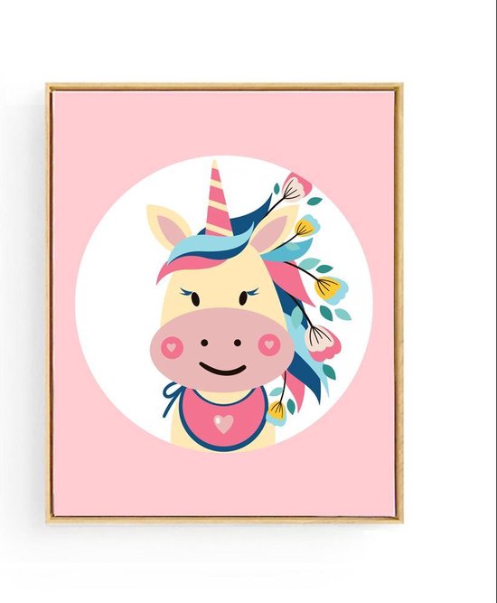 Poster Unicorn Roze met Bloemetje - 50x40cm - Dieren - Meisjeskamer - Baby / Kinderkamer Muurdecoratie