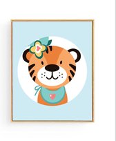 Poster Tijger Blauw met Bloemetje - 50x40cm - Dieren - Baby / Kinderkamer Muurdecoratie