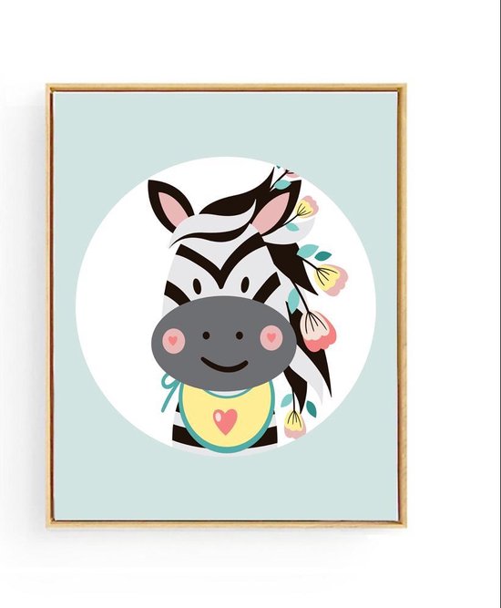 Poster Zebra Grijs met Bloemetje - 70x50cm - Dieren - Baby / Kinderkamer Muurdecoratie