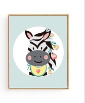 Poster Zebra Grijs met Bloemetje - 40x30cm / A3  - Dieren - Baby / Kinderkamer Muurdecoratie