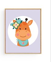 Poster Giraffe Paars met Bloemetje - 50x40cm - Baby / Kinderkamer Muurdecoratie