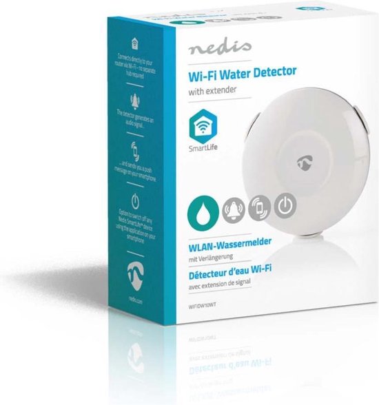 Nedis SmartLife Water Detector - Wi-Fi - Batterij Gevoed - Verlenging inbegrepen - Max. batterijduur: 24 Maanden - 50 dB - Wit - Nedis