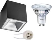 Opbouwspot Set - Pragmi Cliron Pro - GU10 Fitting - Opbouw Vierkant - Mat Zwart/Zilver - Verdiept - 90mm - Philips - SceneSwitch 827 36D - 1.5W-5W - Warm Wit 2200K-2700K - Dimbaar