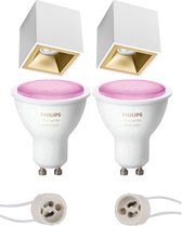 Pragmi Cliron Pro - Opbouw Vierkant - Mat Wit/Goud - Verdiept - 90mm - Philips Hue - Opbouwspot Set GU10 - White and Color Ambiance - Bluetooth