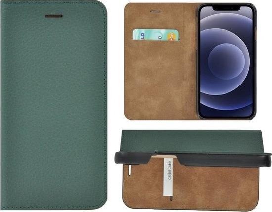iPhone 12 - Protecteur d'écran iPhone 12 - Bookcase portefeuille étui portefeuille Ultra fin en cuir véritable Vert + Protecteur d'écran