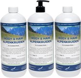 Body & Hair Alpenkruiden - 1 liter - set van 3 stuks - met gratis pomp - 2 in 1 voor lichaam en haar.