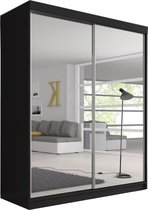 E-MEUBILAIR Zweefdeurkast Kledingkast met Spiegel Garderobekast met planken en kledingstang - 183cm x61x218 cm (BxDxH) -BEN 20 (Zwart)