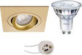 LED Spot Set - Pragmi Borny Pro - GU10 Fitting - Inbouw Vierkant - Mat Goud - Kantelbaar - 92mm - Philips - SceneSwitch 827 36D - 1.5W-5W - Warm Wit 2200K-2700K - Dimbaar - BSE