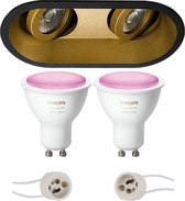 Pragmi Zano Pro - Inbouw Ovaal Dubbel - Mat Zwart/Goud - Kantelbaar - 185x93mm - Philips Hue - LED Spot Set GU10 - White and Color Ambiance - Bluetooth - BSE