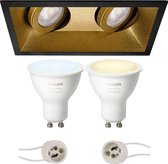 Pragmi Zano Pro - Inbouw Rechthoek Dubbel - Mat Zwart/Goud - Kantelbaar - 185x93mm - Philips Hue - LED Spot Set GU10 - White Ambiance - Bluetooth - BES LED