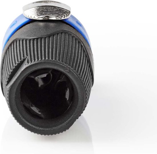 Connector met blauwe ring en metalen clip, zwarte schroefdraadbehuizing met ribbels.