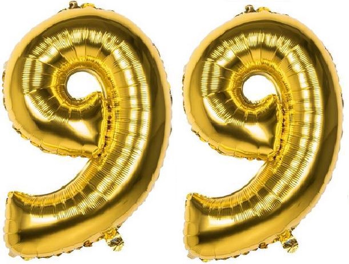 99 Jaar Folie Ballonnen Goud - Happy Birthday - Foil Balloon - Versiering - Verjaardag - Man / Vrouw - Feest - Inclusief Opblaas Stokje & Clip - XXL - 115 cm