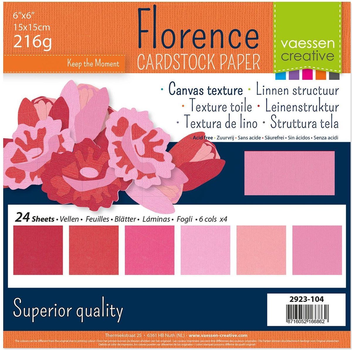 Vaessen Creative Florence Cardstock, Stevig Kaartpapier 216g - Roze,24 Stuks. 15 x 15 cm